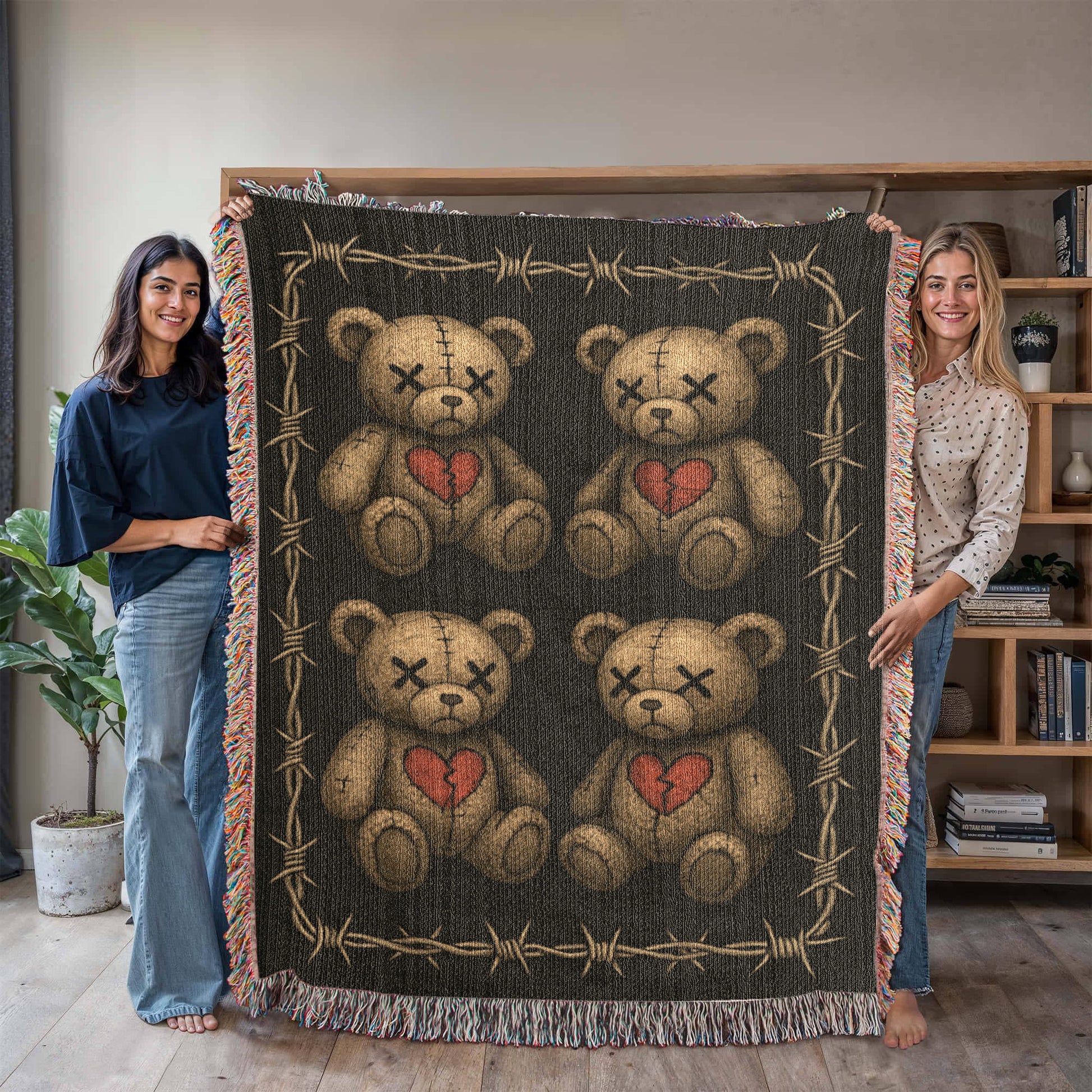 a woven blanket with x-eyed teddy bears on a dark background and surrounded by a frame of barbed wire