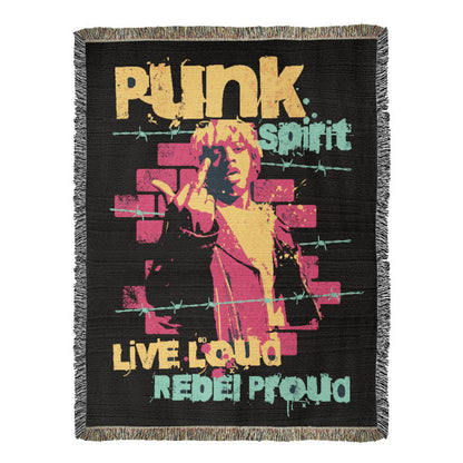 a woven blanket with text "punk spirit, live loud, rebel proud" and an rebellious image, in black, pink and yellow