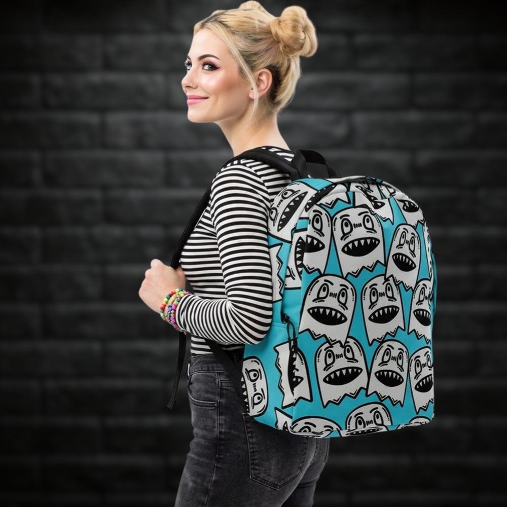 Person carrying a backpack with large grey grinning goblins on skye blue background