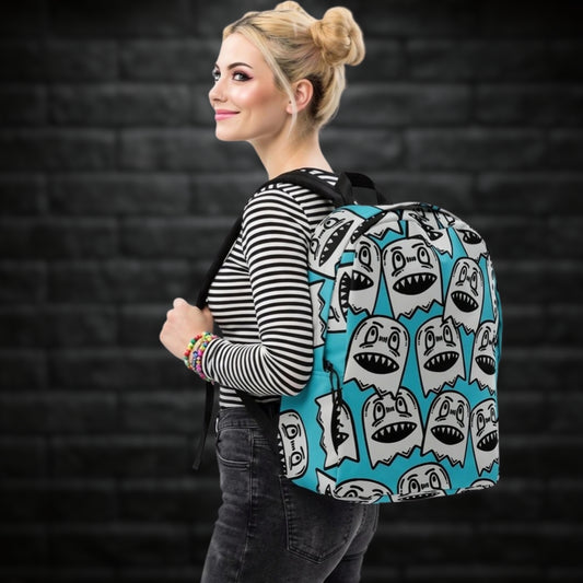 Person carrying a backpack with large grey grinning goblins on skye blue background