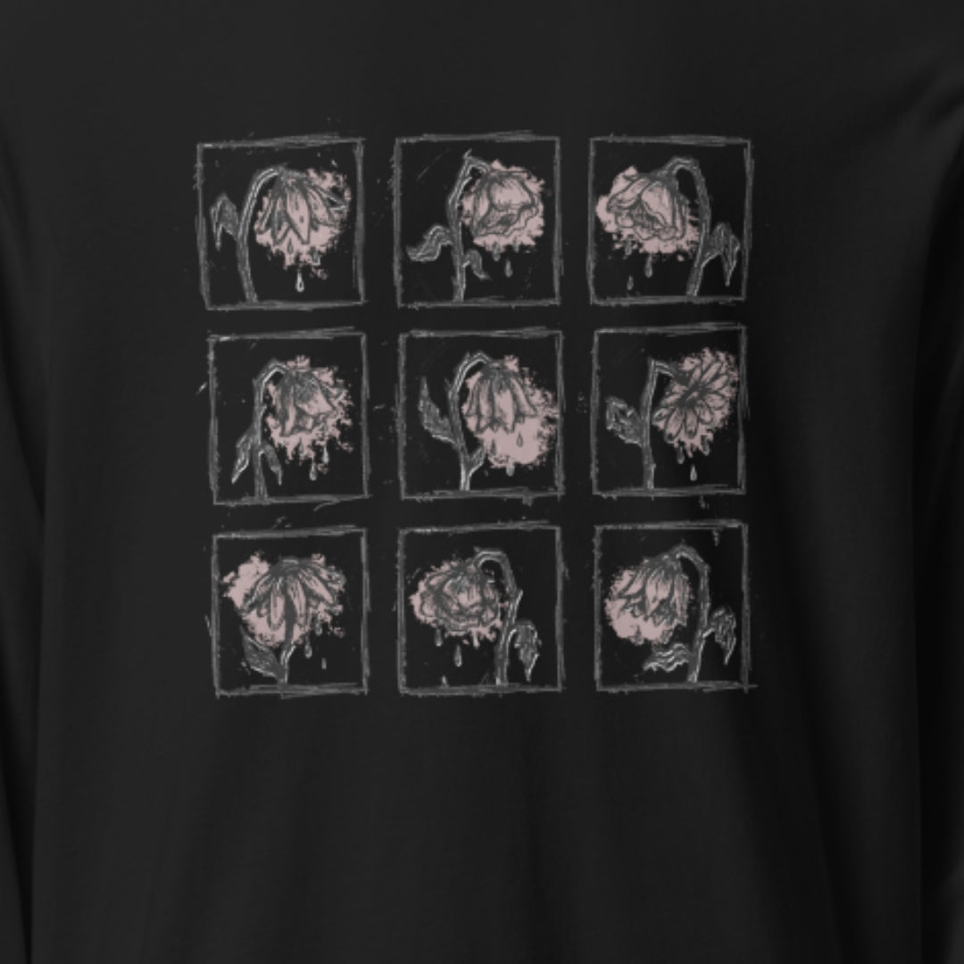 a black Hooded Long-Sleeve Bella Canvas 3512 tee with a grid of crying emo flowers in soft pink