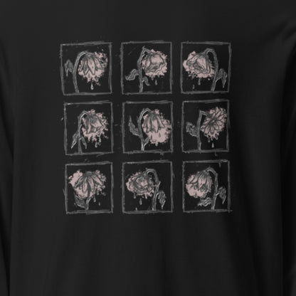 a black Hooded Long-Sleeve Bella Canvas 3512 tee with a grid of crying emo flowers in soft pink