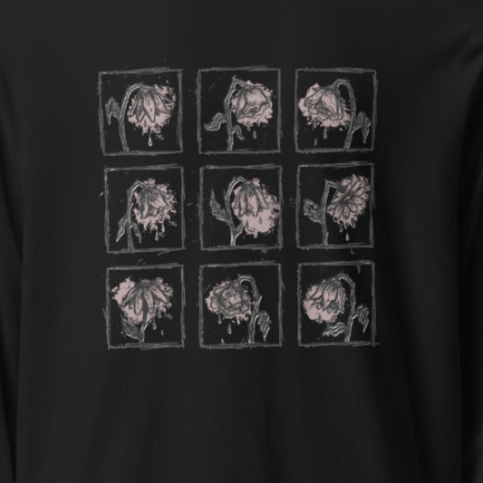 a black Hooded Long-Sleeve Bella Canvas 3512 tee with a grid of crying emo flowers in soft pink