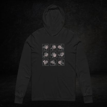 a black Hooded Long-Sleeve Bella Canvas 3512 tee with a grid of crying emo flowers in soft pink