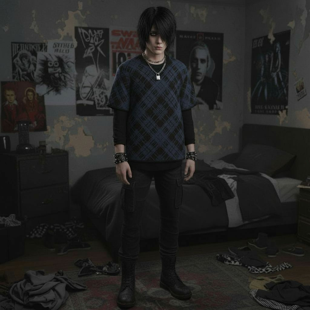 An emo guy wearing a dark plaid pattern knitted tee over a long sleeve