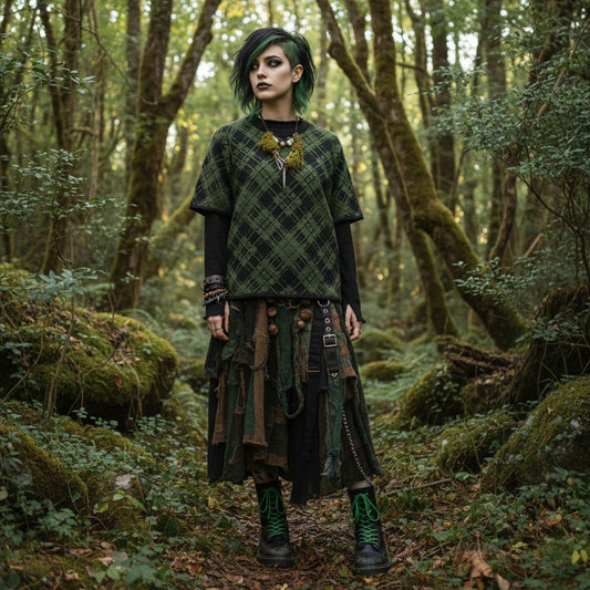 A forest punk person wearing a dark plaid pattern knitted tee over a long sleeve