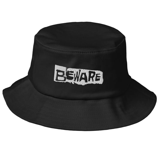 an old school black bucket hat with embroidered text "beware"