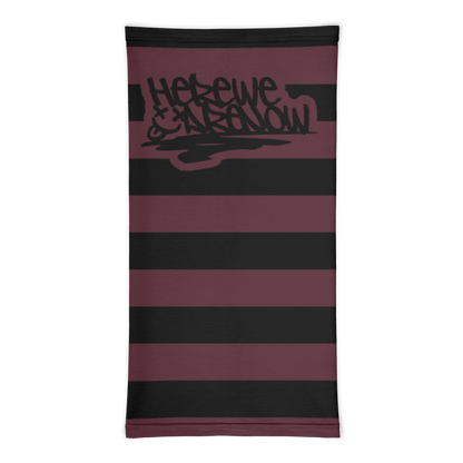 a neck gaiter with wide grunge style stripes and text "here we are noW"