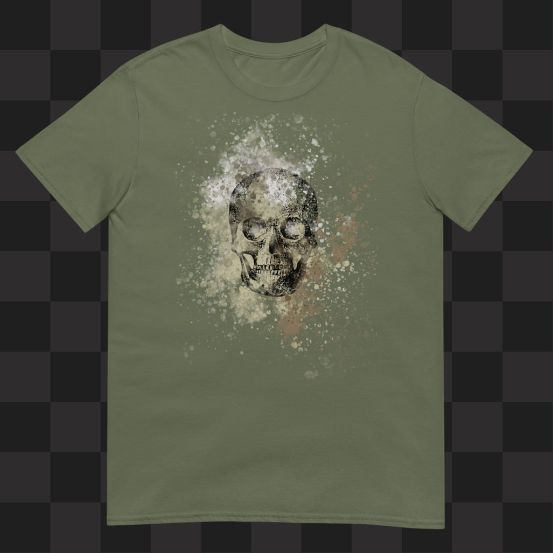 A military green tee with skull graphic surrounded and overlaid with paint splatter in camouflage colors