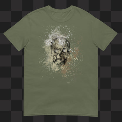A military green tee with skull graphic surrounded and overlaid with paint splatter in camouflage colors