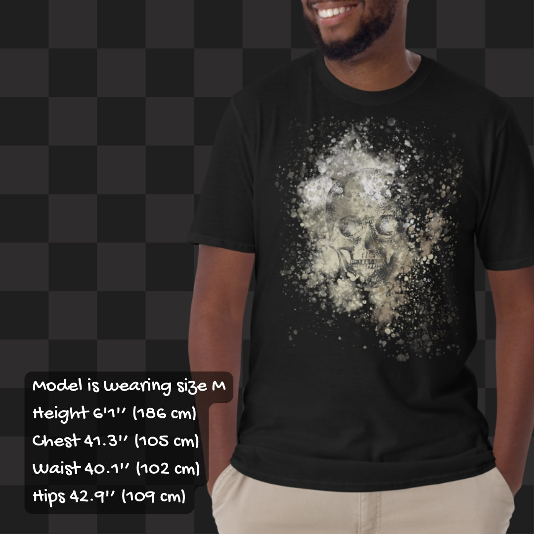 Person wearing a black tee with skull graphic surrounded and overlaid with paint splatter in camouflage colors
