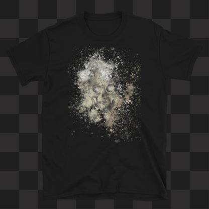 A black tee with skull graphic surrounded and overlaid with paint splatter in camouflage colors