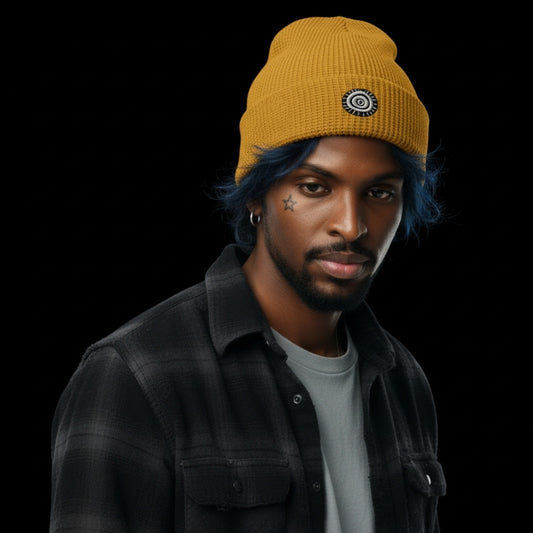 Waffle Knit Embroidered Beanie - Circular Stare Eye Symbol