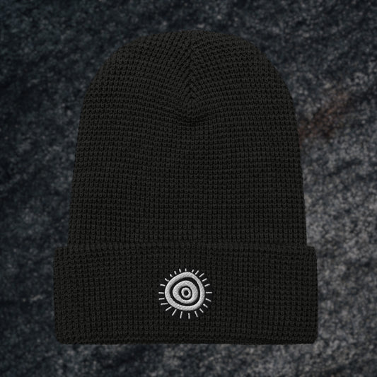 Waffle Knit Embroidered Beanie - Circular Stare Eye Symbol