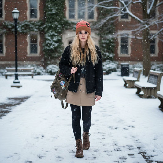 cool alt and indie sleaze/dark academia girl wearing a striped knit beanie with a skull with x eyes