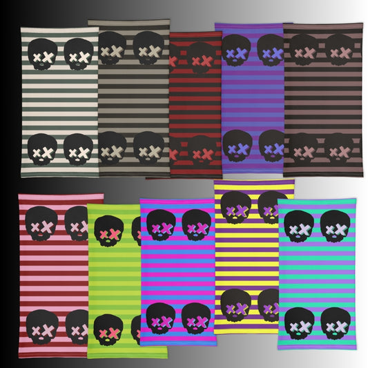 a collection of grunge striped neck gaiters with x-eyed skulls