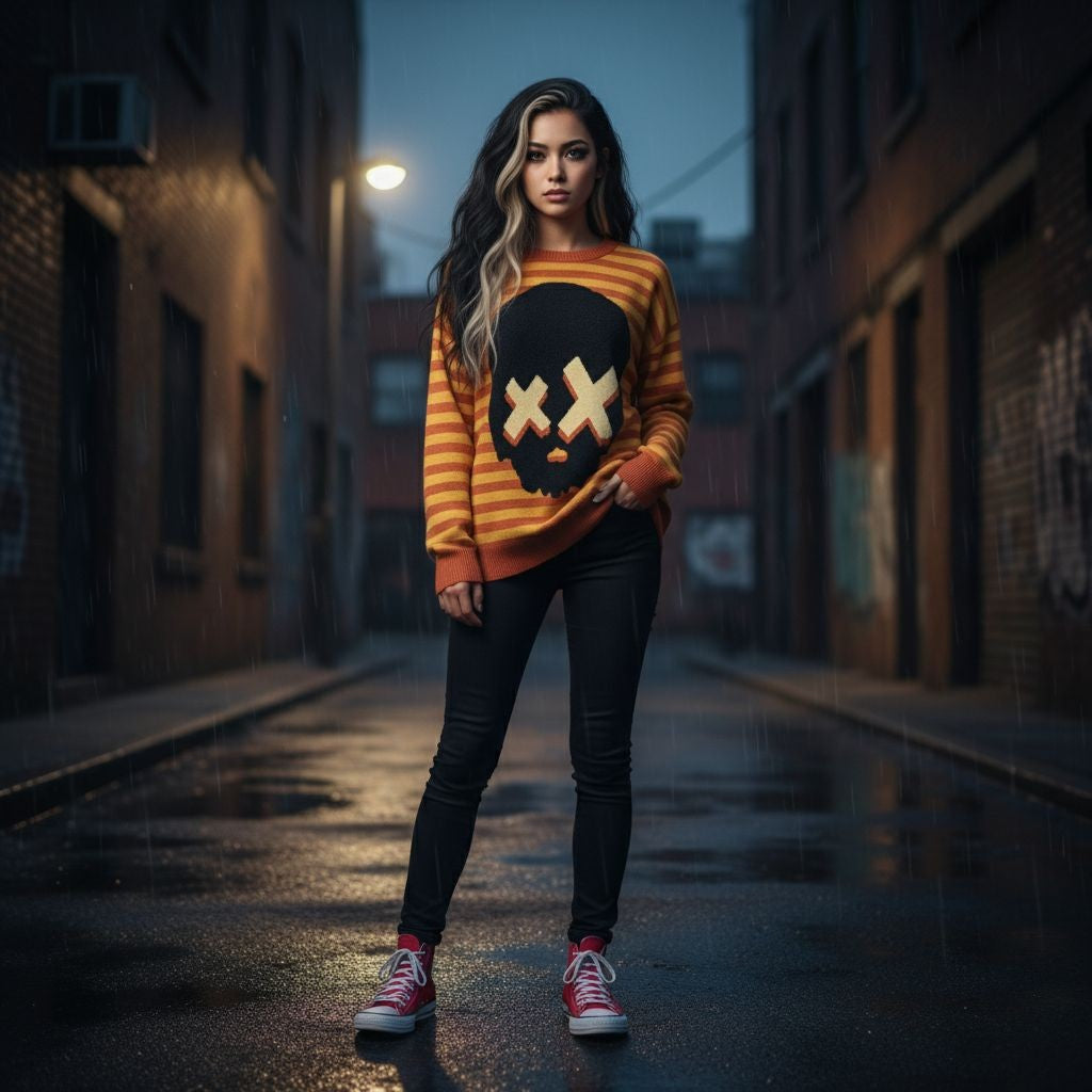 girl wearing an orange and yellow striped knitted sweater with a large x-eyed skull in the front