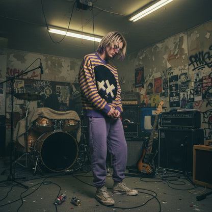 grunge boy wearing purple and yellow striped sweater with large x-eyed skull print
