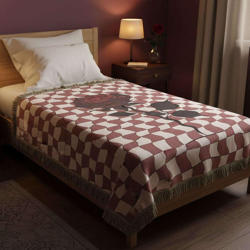 a woven blanket featuring dark romantic alt distorted checkerboard patterns and a deep red soulful rose used as bed throw