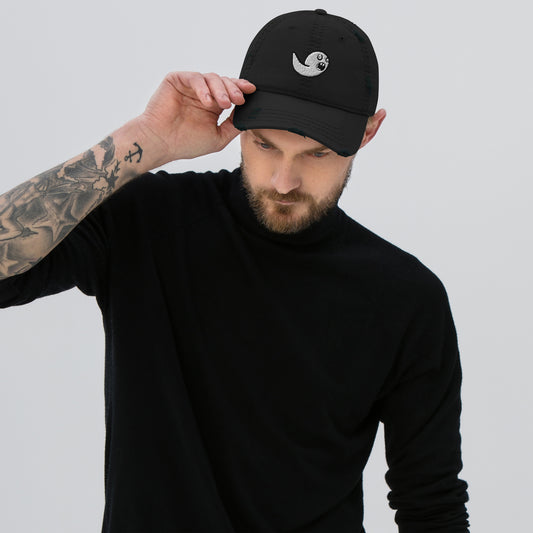 distressed dad hat with embroidered stupefied emo black