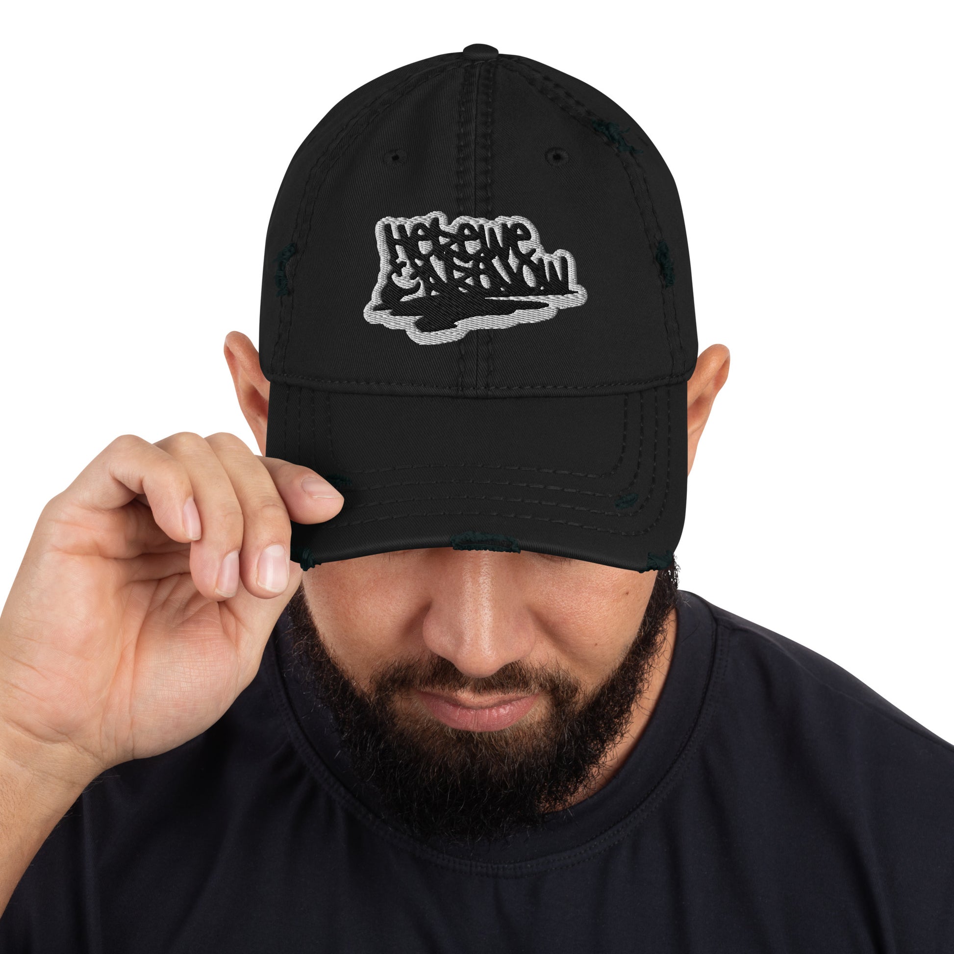 distressed cap with grunge quote embroidery "here we are now"