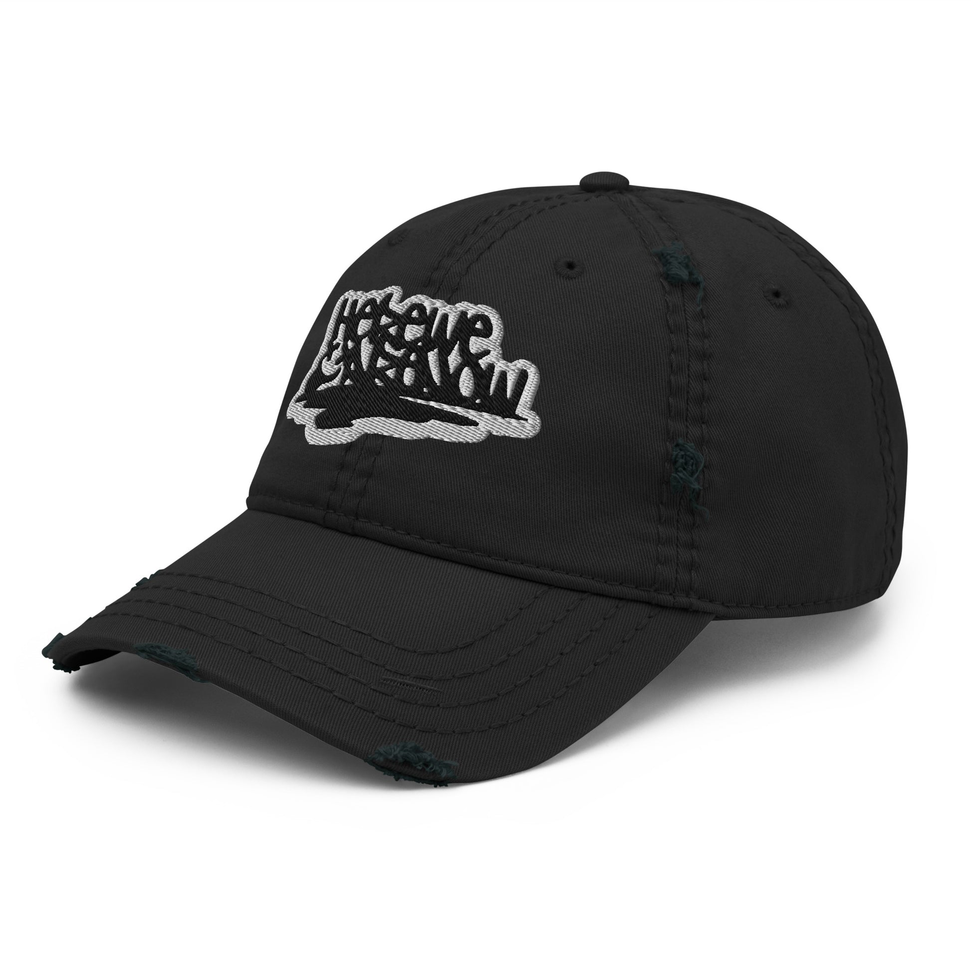 distressed cap with grunge quote embroidery "here we are now"