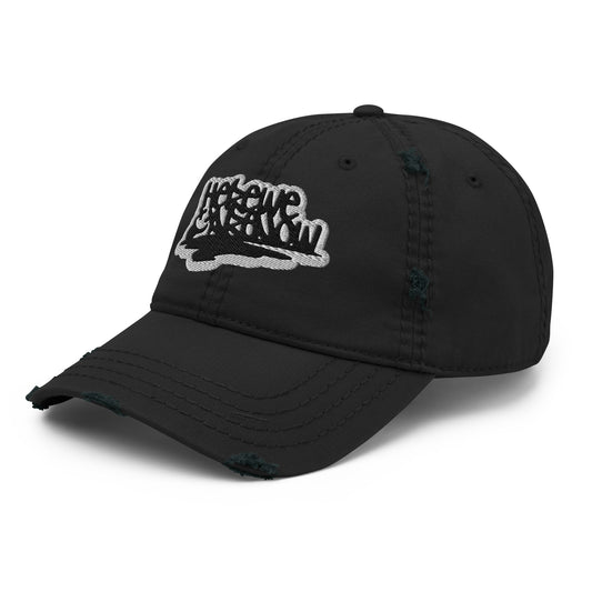 distressed cap with grunge quote embroidery "here we are now"
