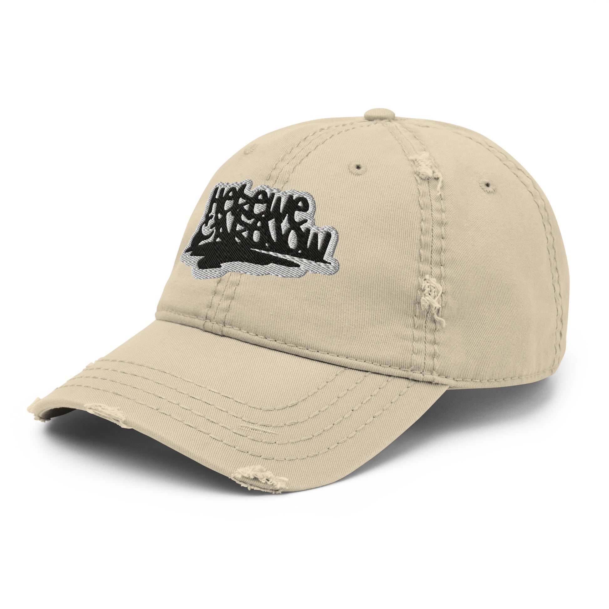 distressed cap with grunge quote embroidery "here we are now"