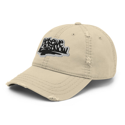 distressed cap with grunge quote embroidery "here we are now"
