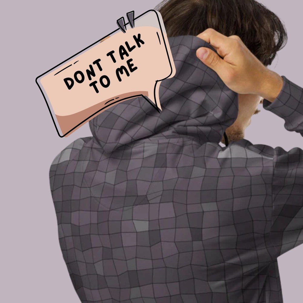 dark blue grey mosaic zip hoodie with emo vibes perfect for hiding under the hood