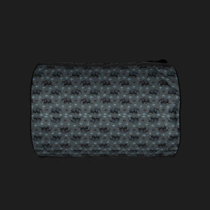 a duffel gym bag with an emo armadillo pattern with broken hearts and storm clouds