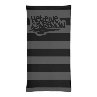 a neck gaiter with wide grunge style stripes and text "here we are noW"