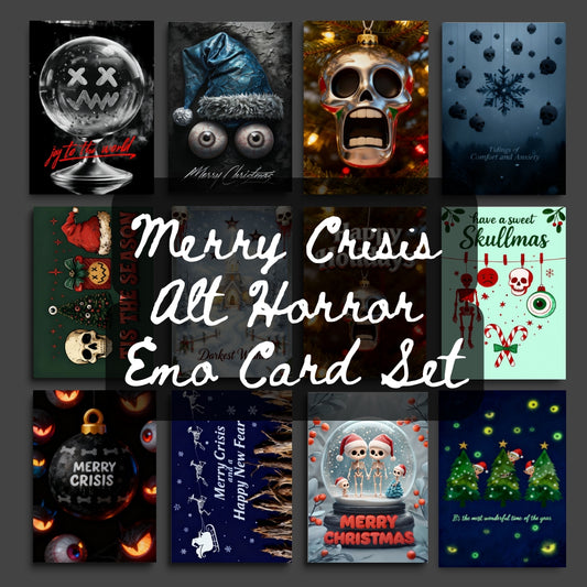 12 emo christmas cards with text "merry crisis alt horror emo card set"