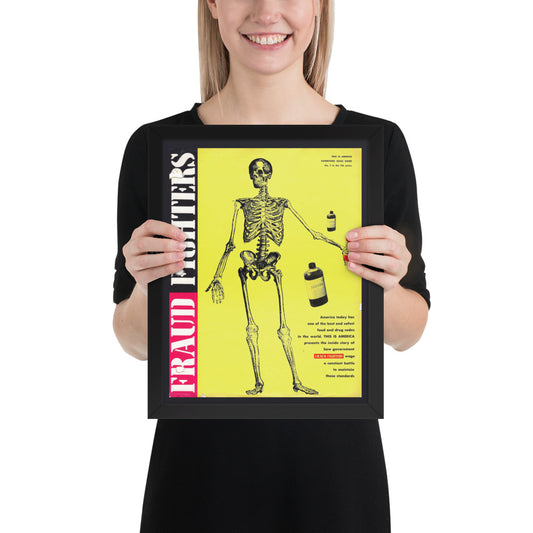 woman holding a vintage framed poster "fraud fighters" with a skeleton