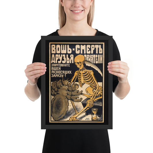 Woman holding a framed vintage poster of the Russian "The typhus louse shaking hands with Death"