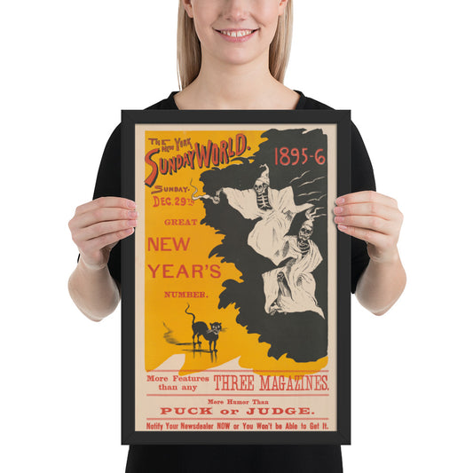 Person holding a framed vintage-style poster "the new york world new years" with text and graphics