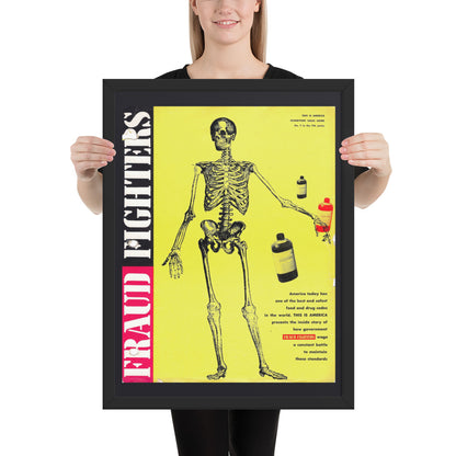 woman holding a vintage framed poster "fraud fighters" with a skeleton