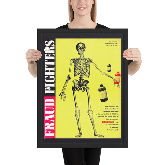 woman holding a vintage framed poster "fraud fighters" with a skeleton