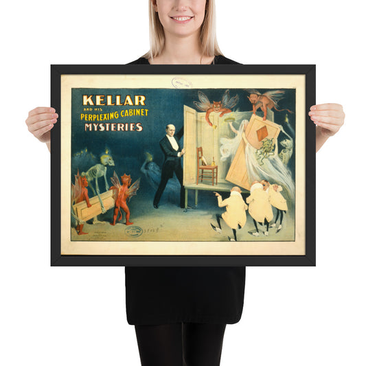 Woman holding a framed poster of a "Kellar and his perplexing cabinet mysteries"