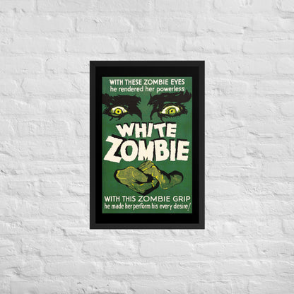 a framed poster with a vintage horror movie design, white zombie
