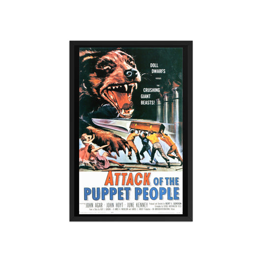 a vintage framed poster of the movie "attack of the puppet people"