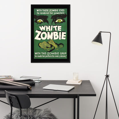 a desk and a framed poster with a vintage horror movie design, white zombie