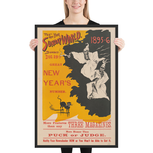 Person holding a framed vintage-style poster "the new york world new years" with text and graphics