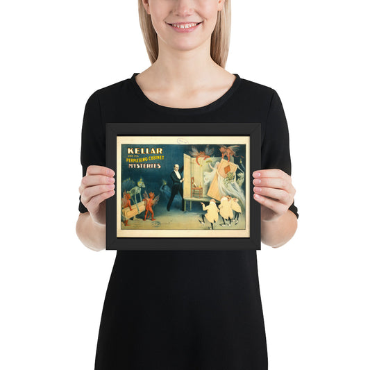 Woman holding a framed poster of a "Kellar and his perplexing cabinet mysteries"