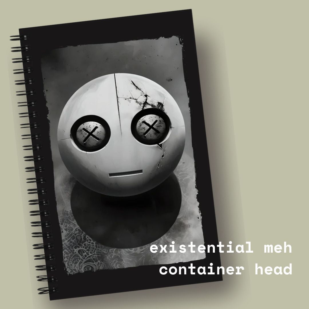 a spiral bound notebook with a metal looking head with x-eyes