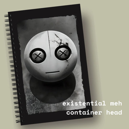 a spiral bound notebook with a metal looking head with x-eyes