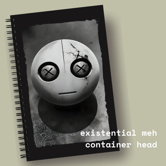 a spiral bound notebook with a metal looking head with x-eyes