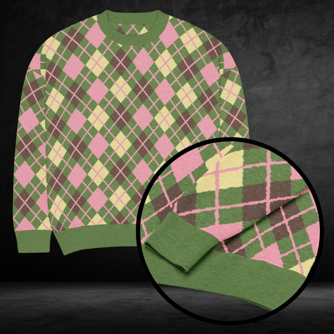 A grass green based argyle pattern knit sweater in unusual colors