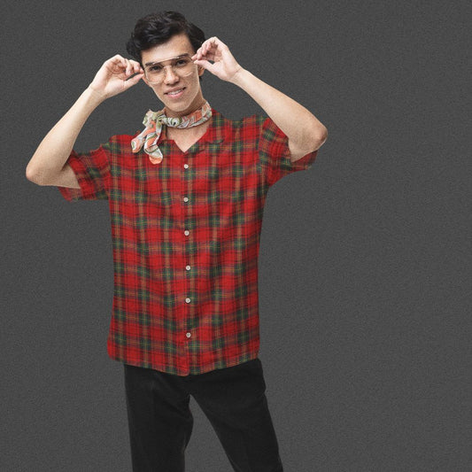 person wearing a red punk tartan plaid button-up short-sleeve