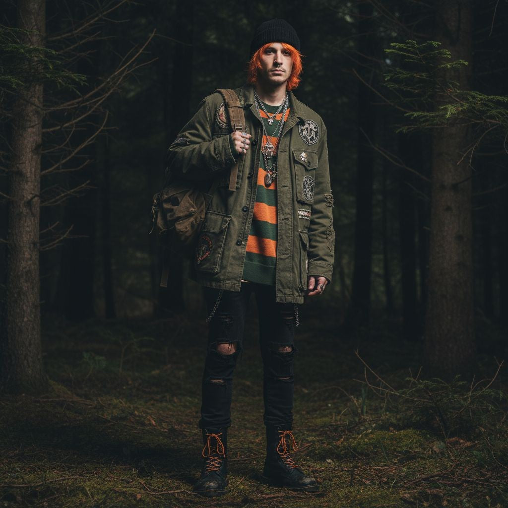 Forest punk style guy wearing a knitted sweater  with wide stripes in orange and green